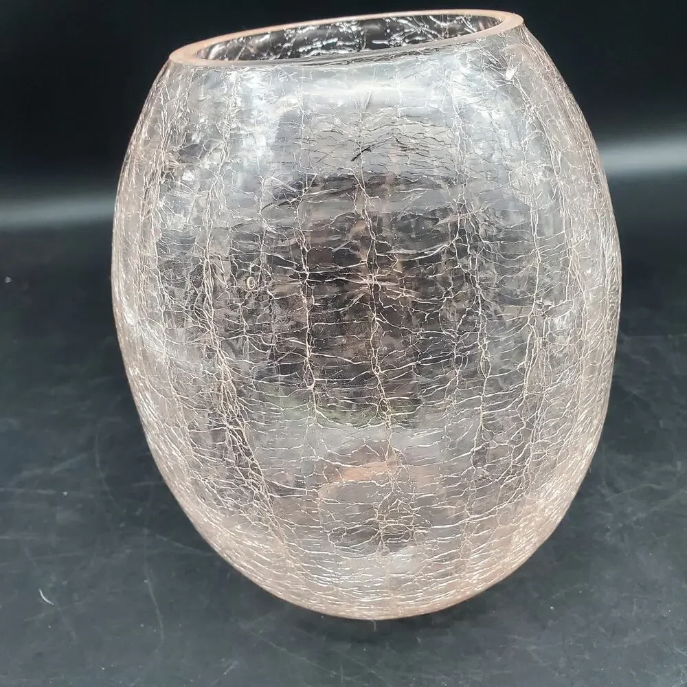 Vintage Light Pink Crackle Glass Vase Hand Blown Art Glass Rounded